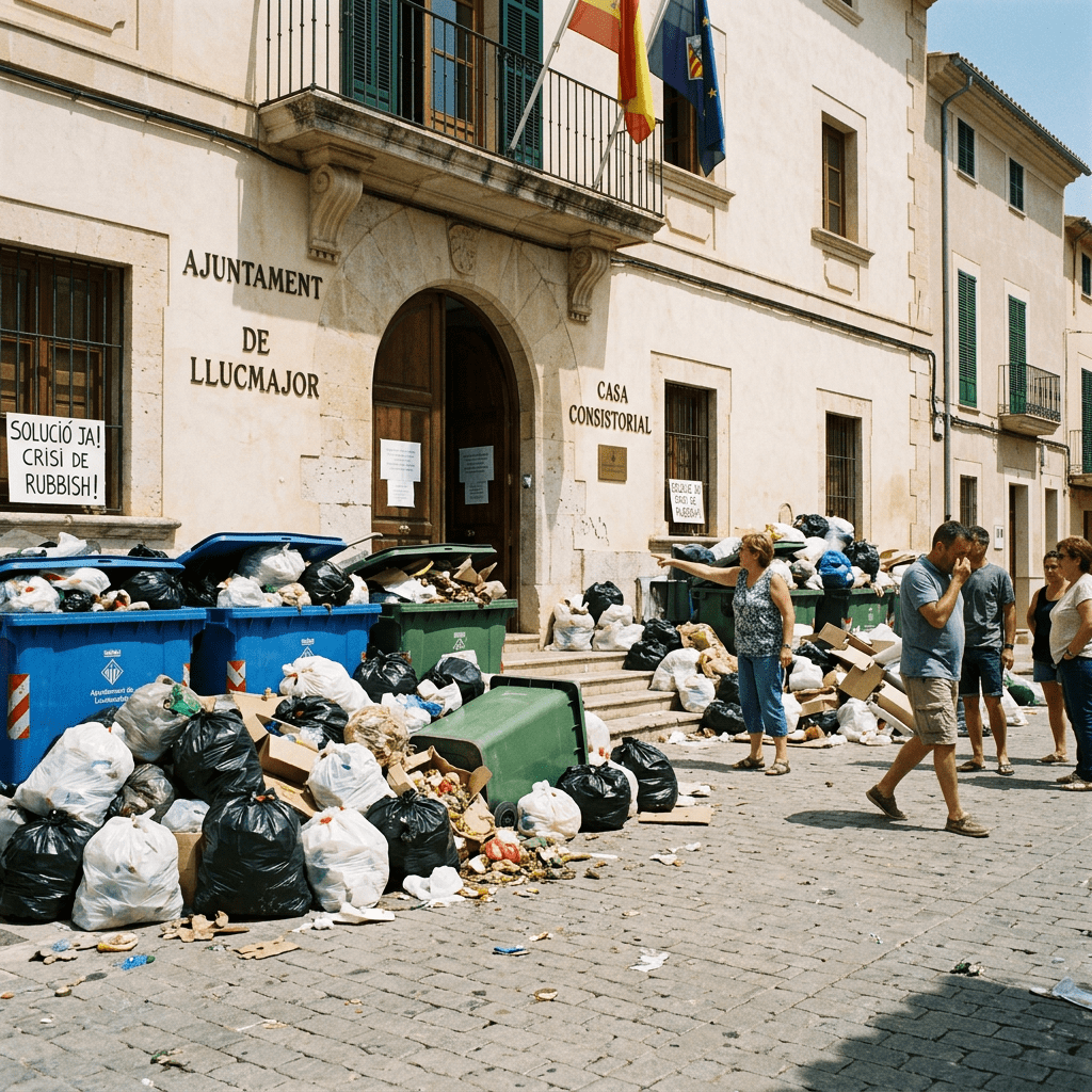 Overflowing rubbish bins outside Llucmajor town hall during a protest
