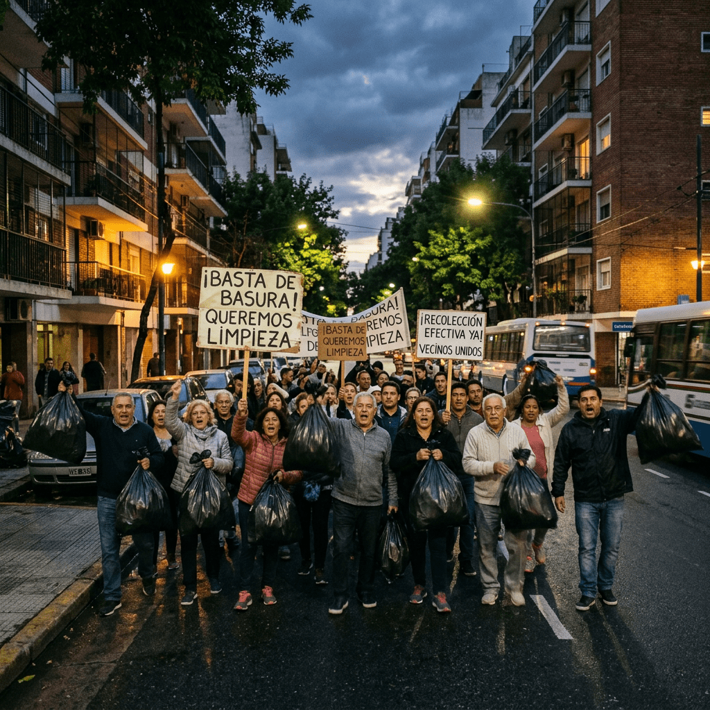Residents carrying garbage bags protest with signs reading “¡BASTA DE BASURA! QUEREMOS LIMPIEZA” and “¡RECOLECCIÓN EFECTIVA YA! VECINOS UNIDOS.”