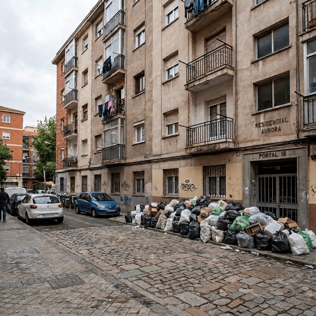 Overflowing garbage bags and cardboard beside apartment buildings
