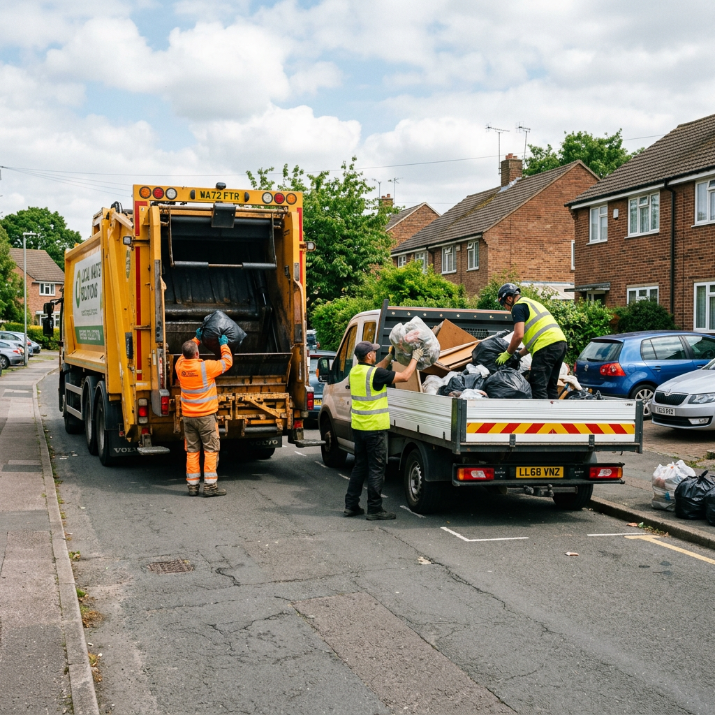 Sanitation workers loading household waste between collection vehicles